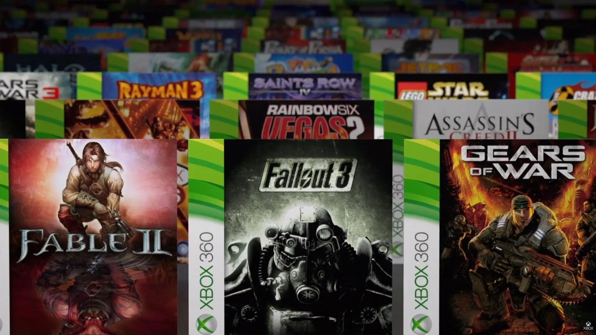 Grid of Xbox 360 game covers including Fable II, Fallout 3, and Gears of War