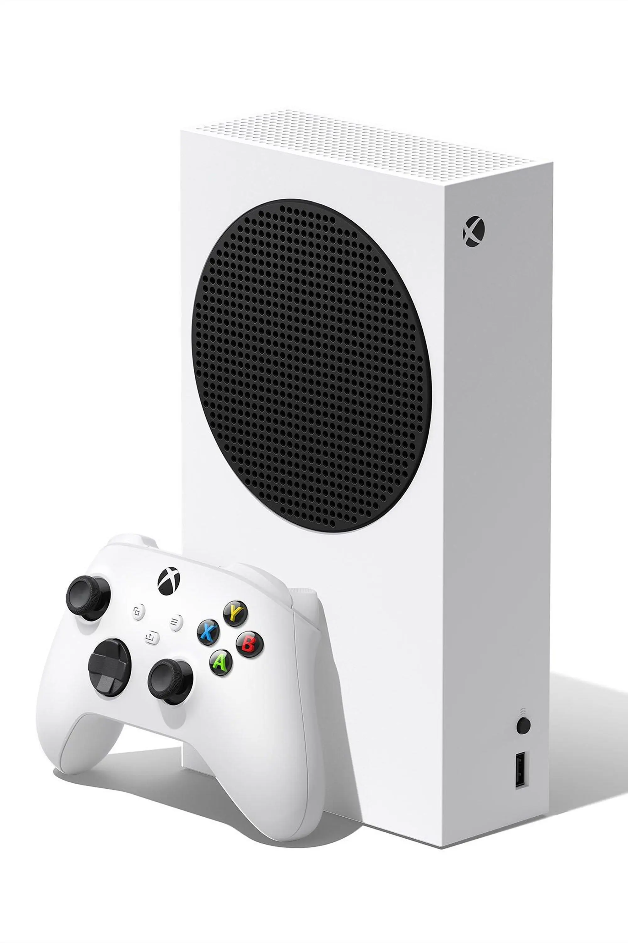 Xbox Series S console with a white controller on a white background.