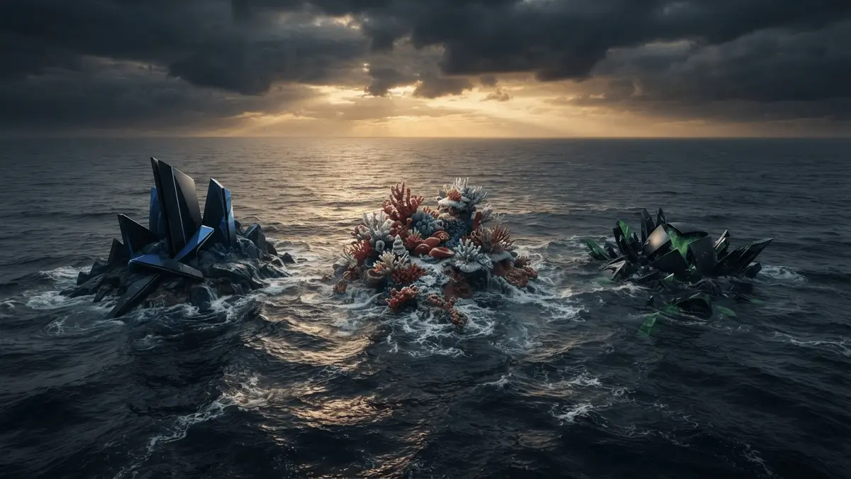 Three distinct islands sinking into ocean water representing console market decline in gaming industry