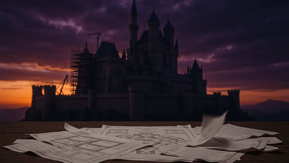Fantasy castle under construction with scattered blueprints representing Project Fantasy development challenges