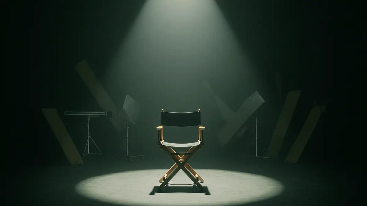 Cinematic horror atmosphere with spotlight on empty director's chair in dark abandoned film studio