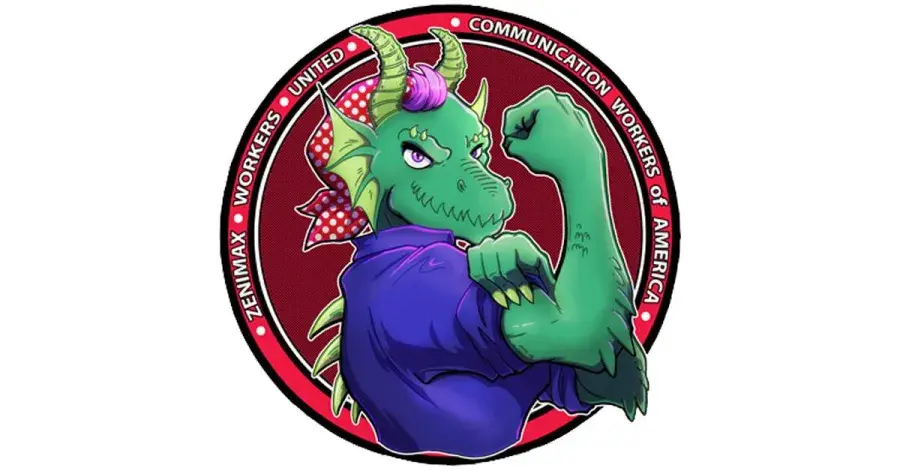 Illustration of a green dragon flexing muscles, with text for ZeniMax Workers United.