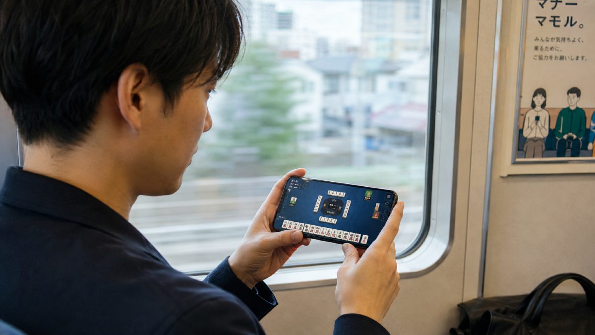 電車でスマホ麻雀を楽しむ人