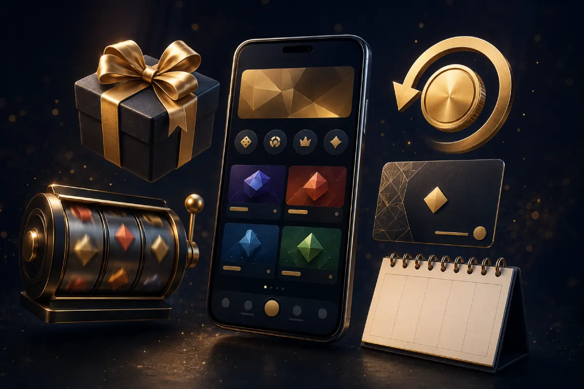 Illustration of welcome bonuses, cashback, free spins, and VIP rewards at online casinos.