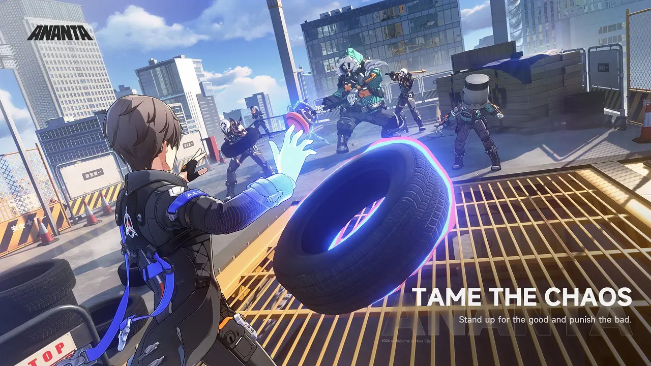 Third-person combat scene in Ananta Project MUGEN featuring a character throwing a glowing blue tire at enemies.