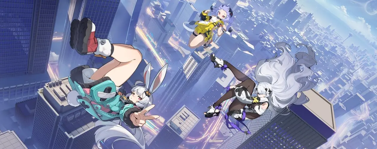 Anime characters in futuristic outfits posing over a sprawling, high-tech city skyline.