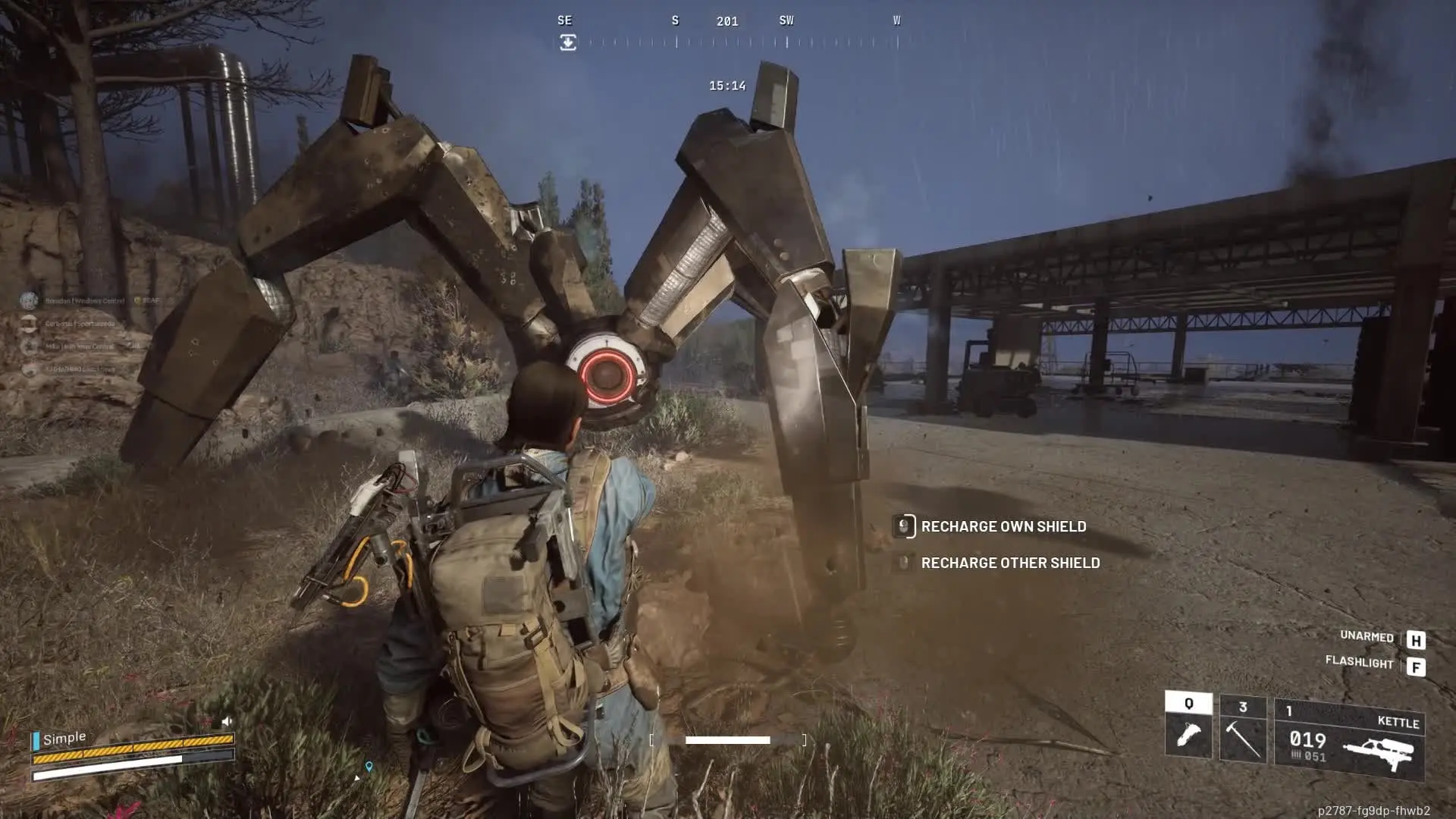 Third-person gameplay view of a character facing a large mechanical spider robot in ARC Raiders.