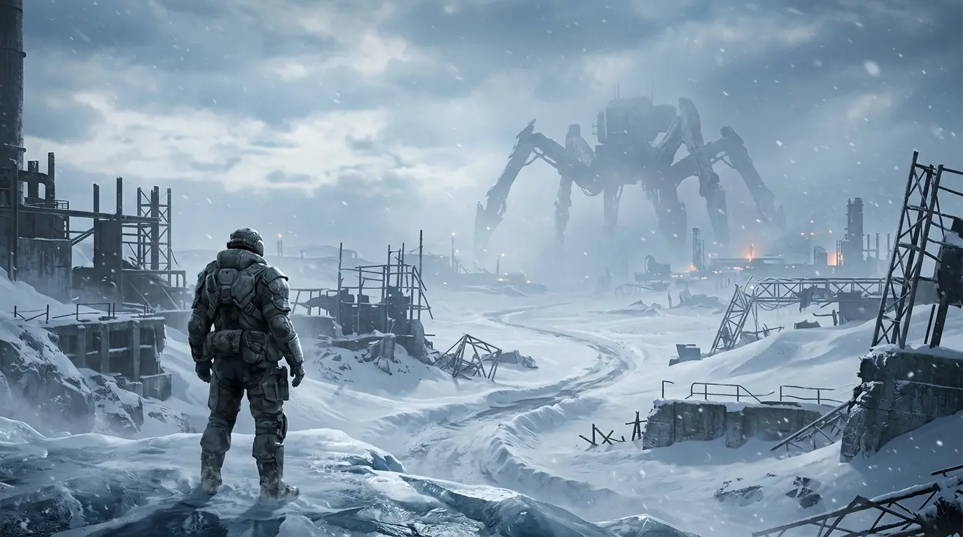 ARC Raiders raider overlooking a frozen landscape with a distant mechanical ARC machine