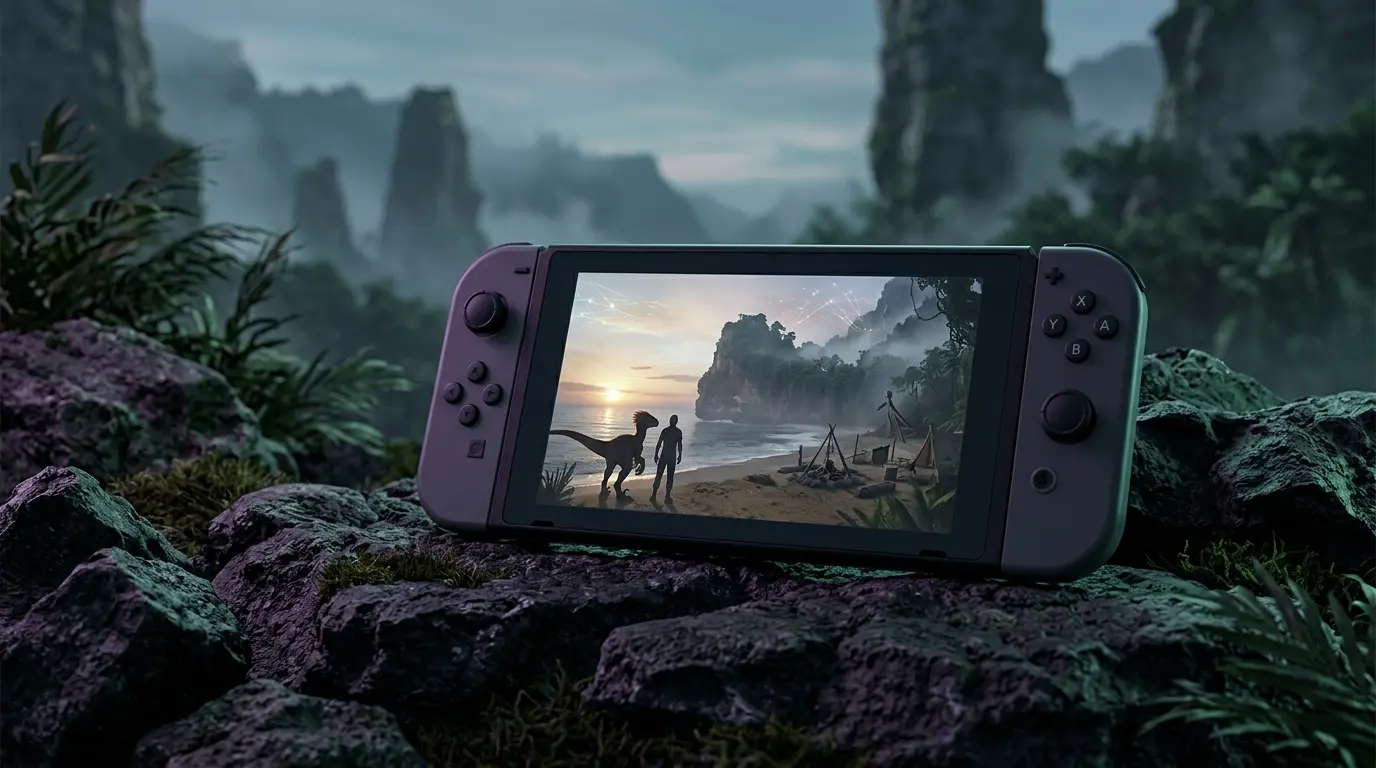 Nintendo Switch showing an ARK survival scene as online features near shutdown