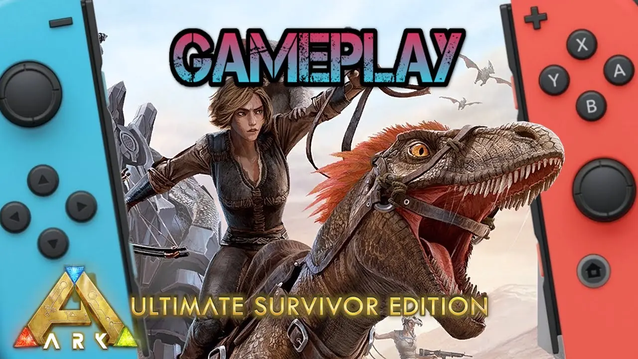 ARK: Ultimate Survivor Edition gameplay art featuring a woman riding a raptor framed by Nintendo Switch Joy-Cons