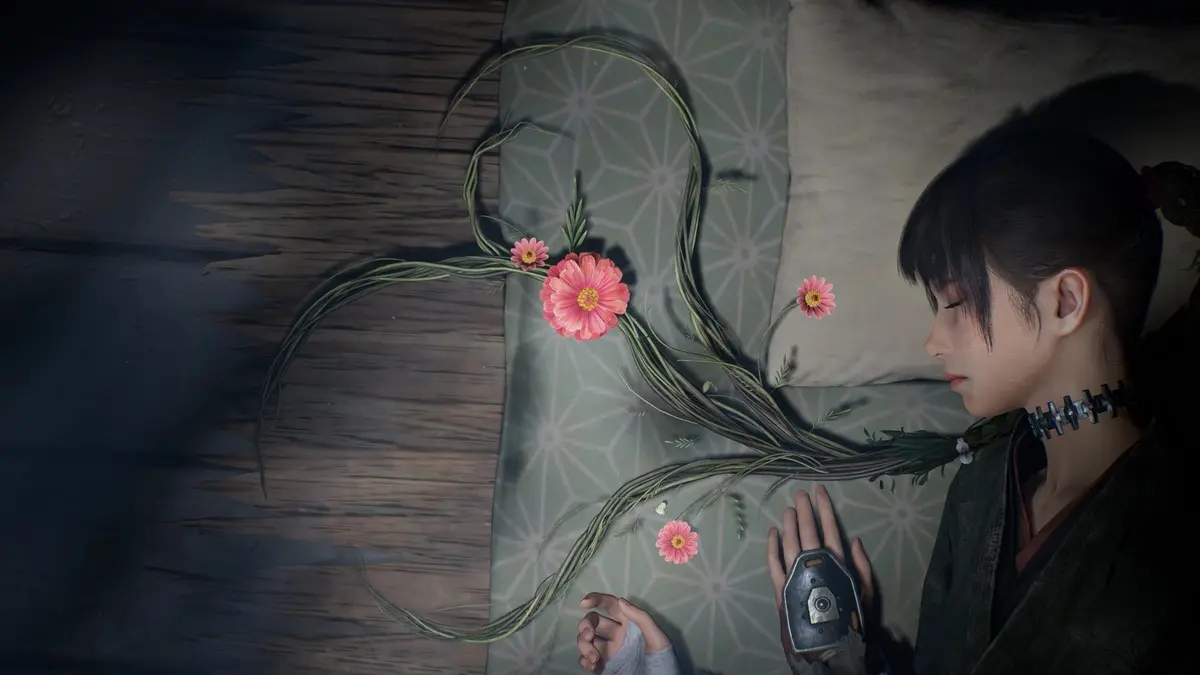 Top-down view of a sleeping woman with pink flowers and green vines emerging from her mouth
