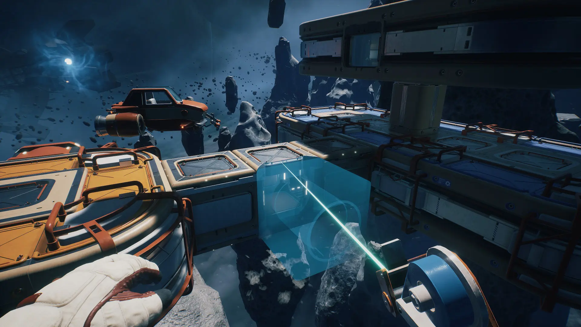 First-person perspective of a player using a blue laser tool to build a space station in Breathedge
