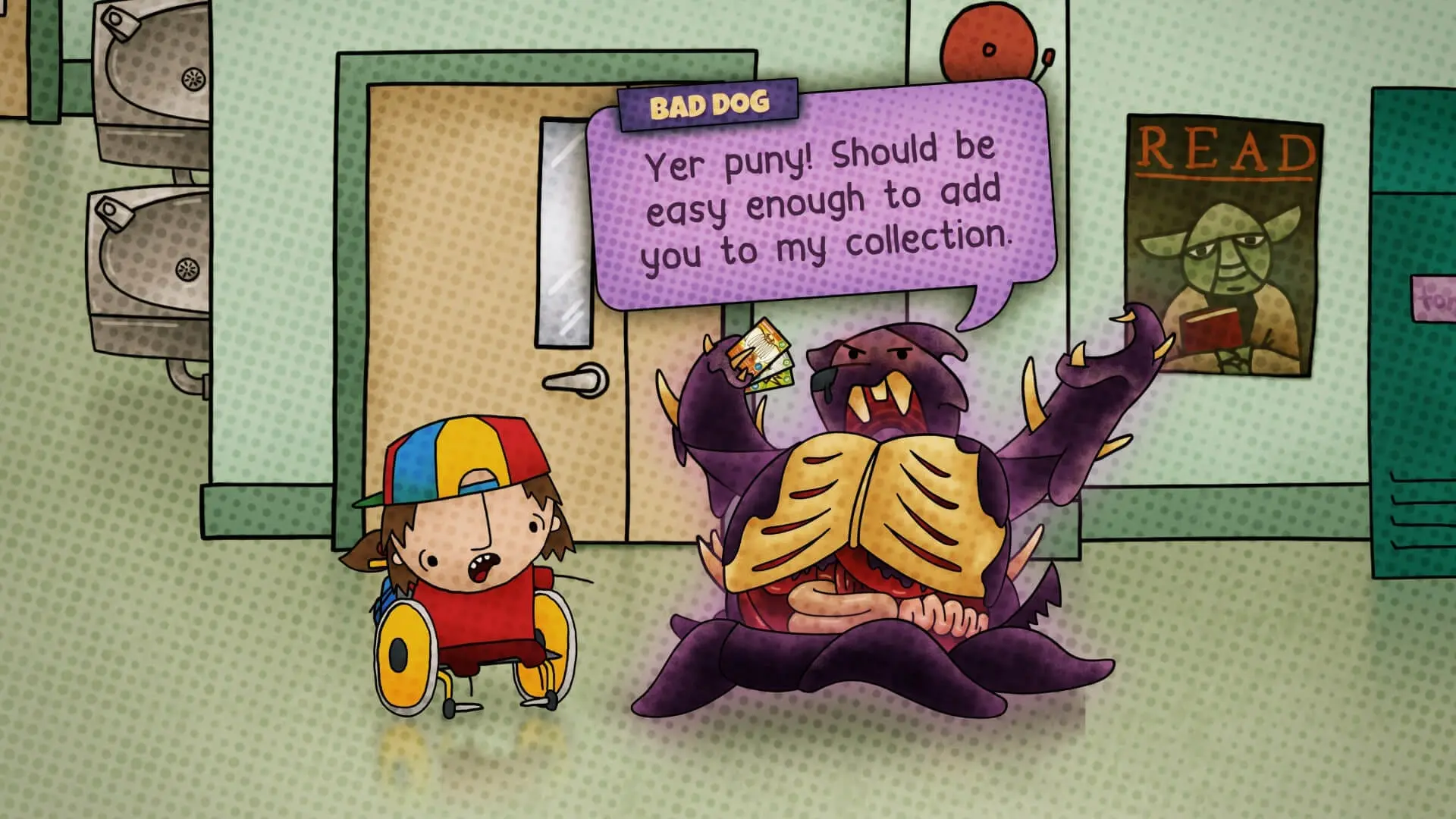 A character in a wheelchair facing a large purple monster named Bad Dog in a stylized 2D art environment.