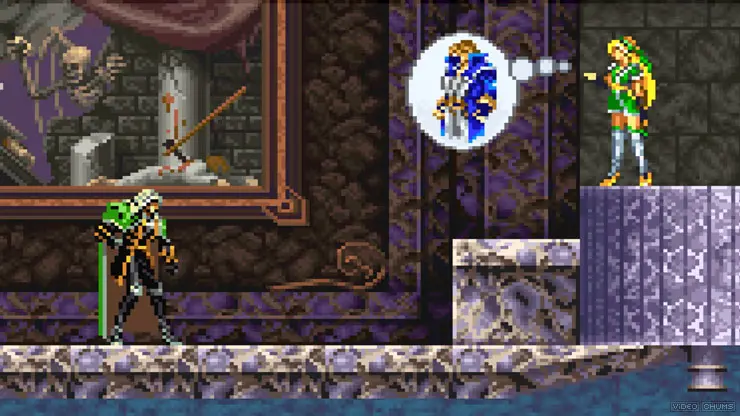 Pixel art gameplay from Castlevania: Symphony of the Night showing Alucard talking to a female NPC in a castle.