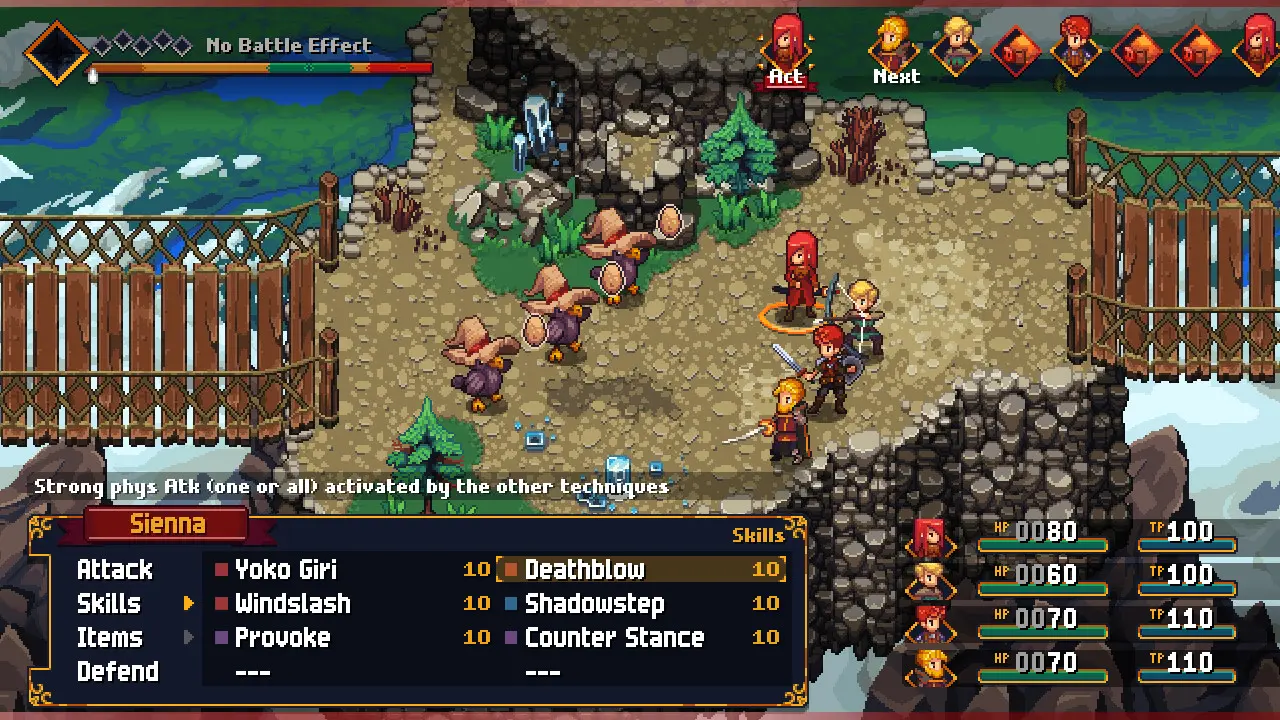 Chained Echoes gameplay showing a combat encounter with a skills menu for the character Sienna