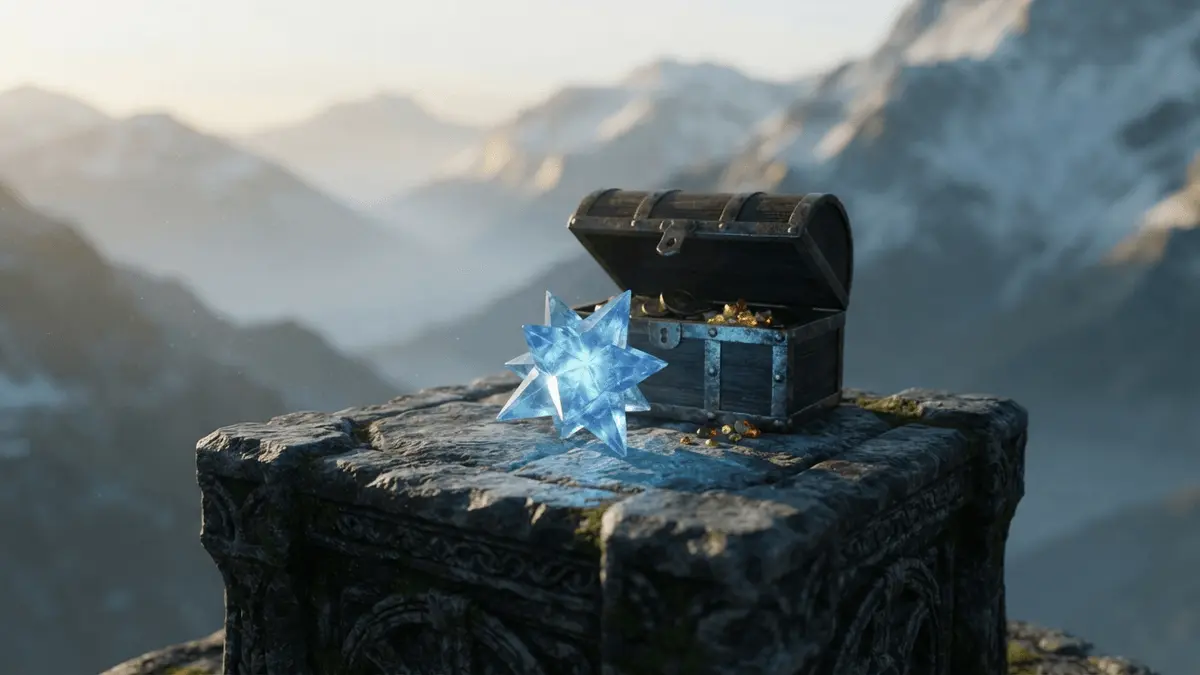 Glowing blue game reward gem and treasure chest on a mountain shrine at dawn