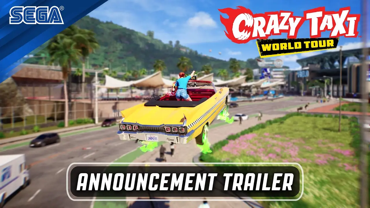 A yellow taxi jumping through the air in Crazy Taxi World Tour announcement trailer