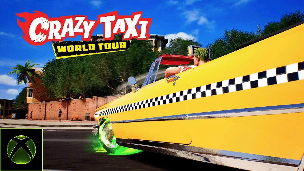 Promotional artwork for Crazy Taxi World Tour featuring a yellow checkered taxi and a driver with green hair.