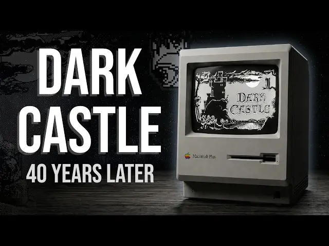 Macintosh Plus computer displaying the title screen of Dark Castle