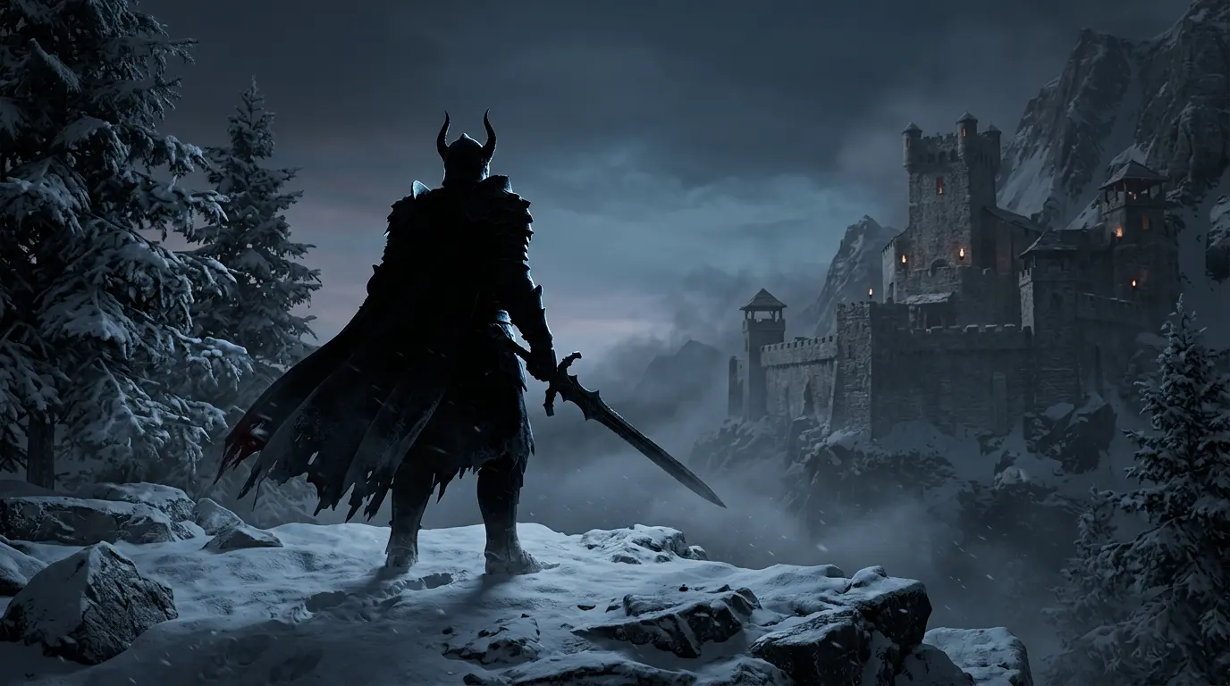 Silhouetted vampire warrior in a snowy fortress landscape representing Dawnwalker's console performance modes