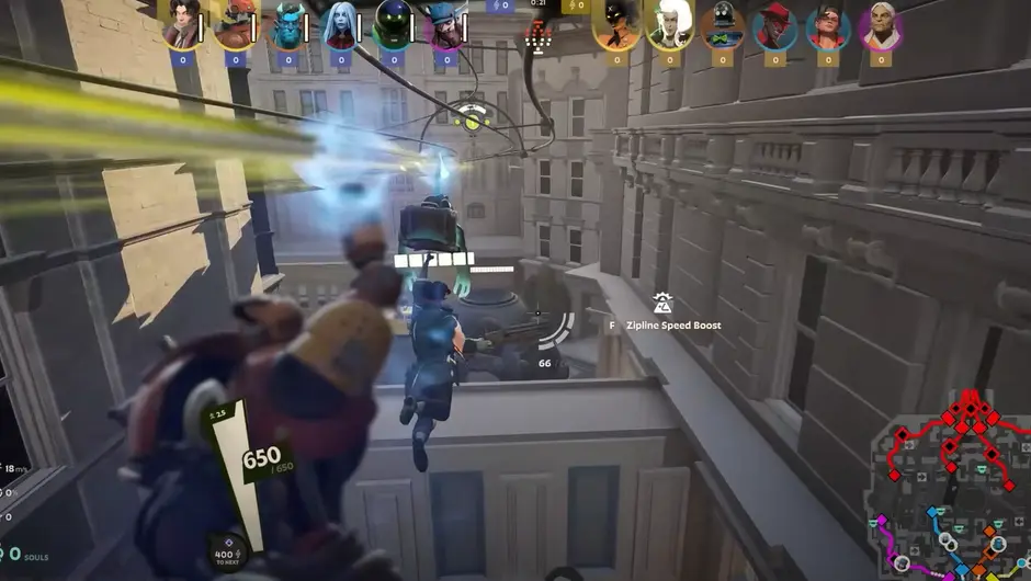 Gameplay screenshot of Deadlock featuring characters fighting near city buildings with UI overlays