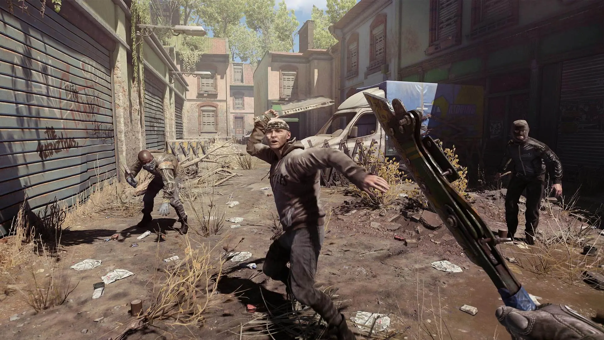 First-person view in Dying Light 2 featuring a player wielding a makeshift weapon against zombies in a city street