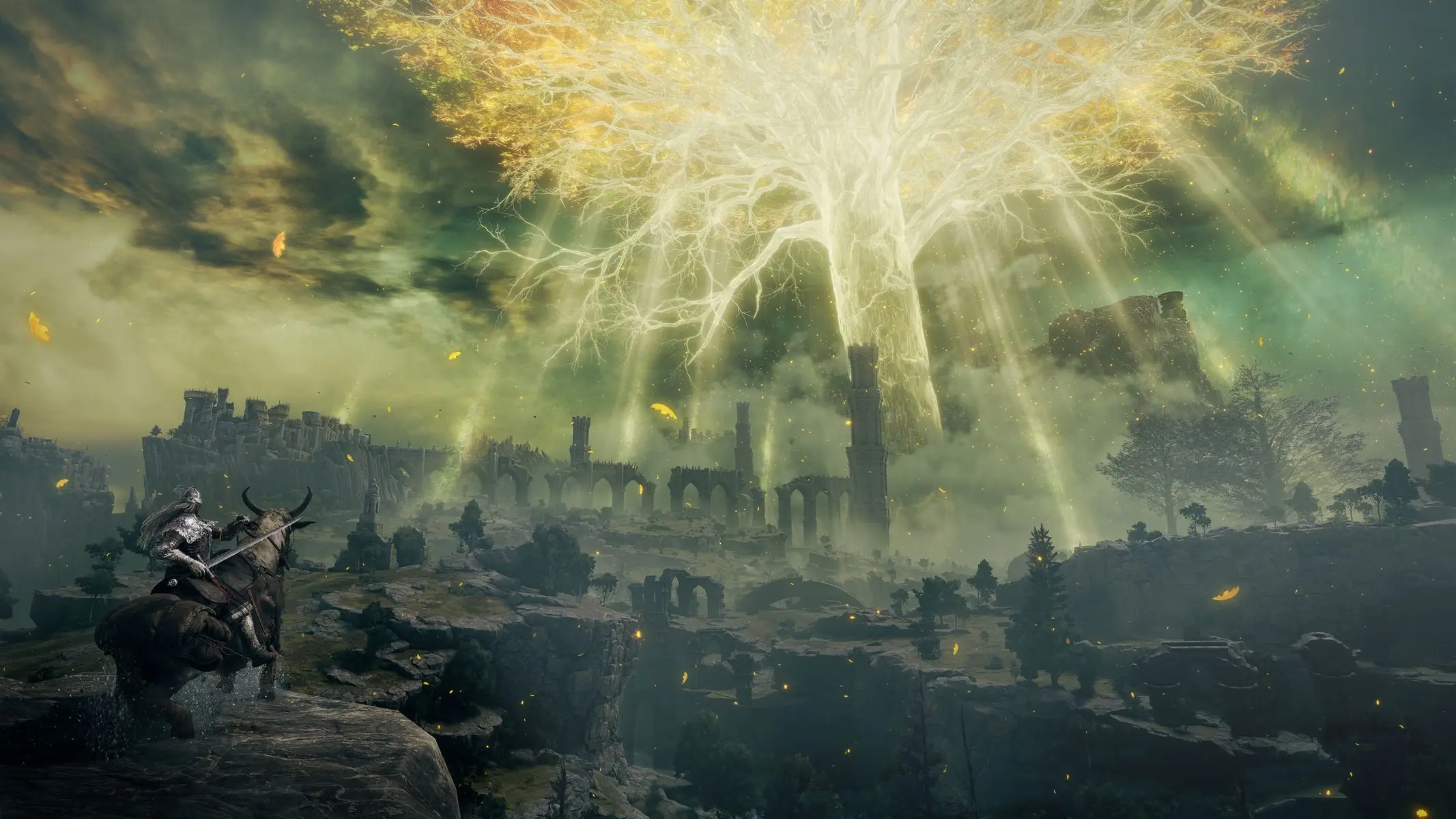 A knight on horseback overlooking a vast landscape with ancient ruins and the glowing Erdtree in the background