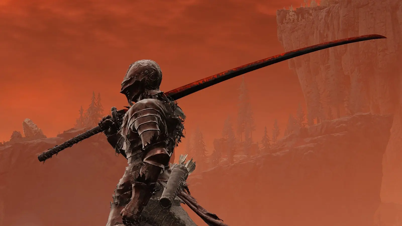 An armored character in Elden Ring holding a large, curved Great Katana against a red sky.