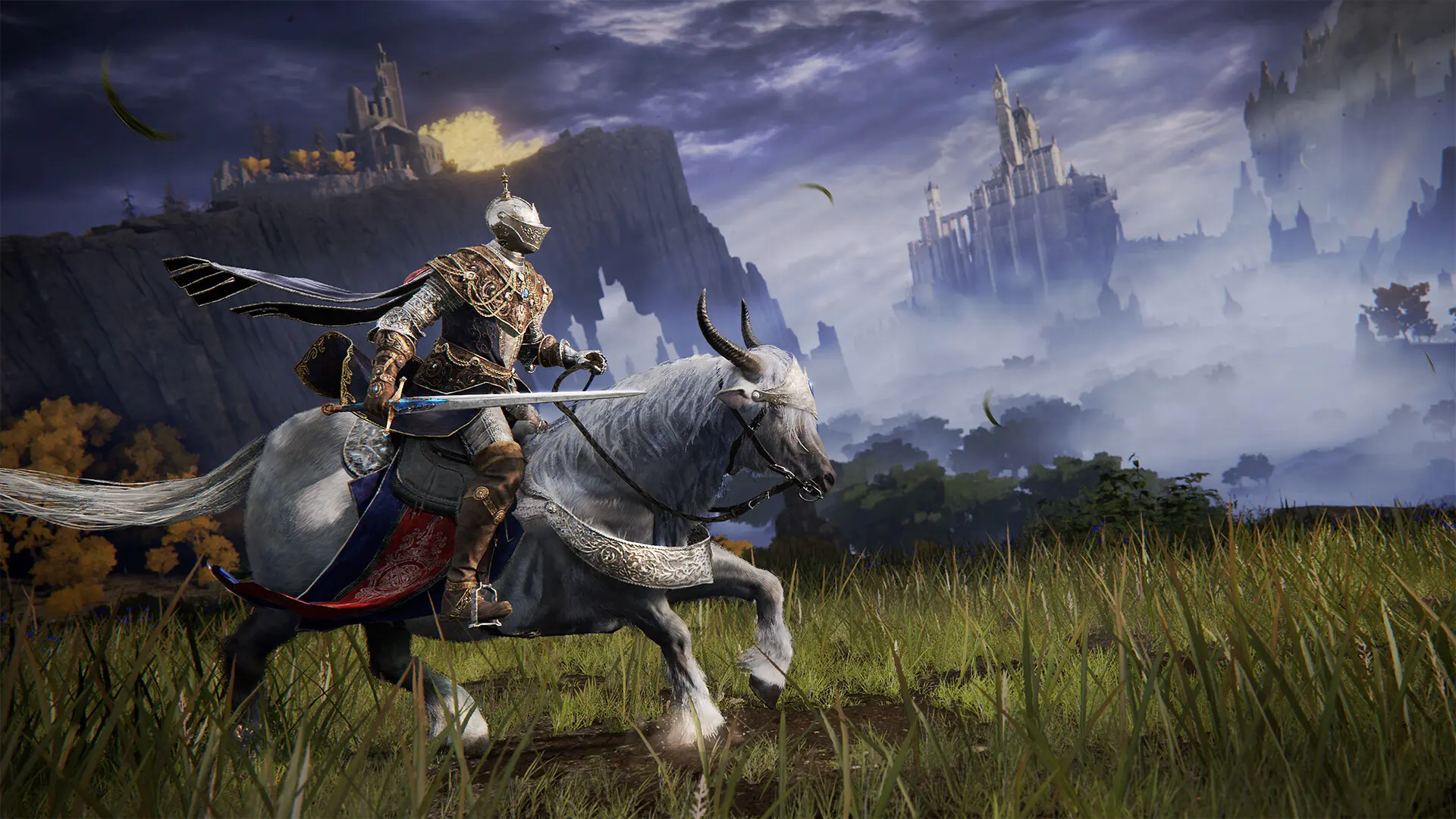 A Tarnished knight in ornate armor riding Torrent the spectral steed through the Lands Between