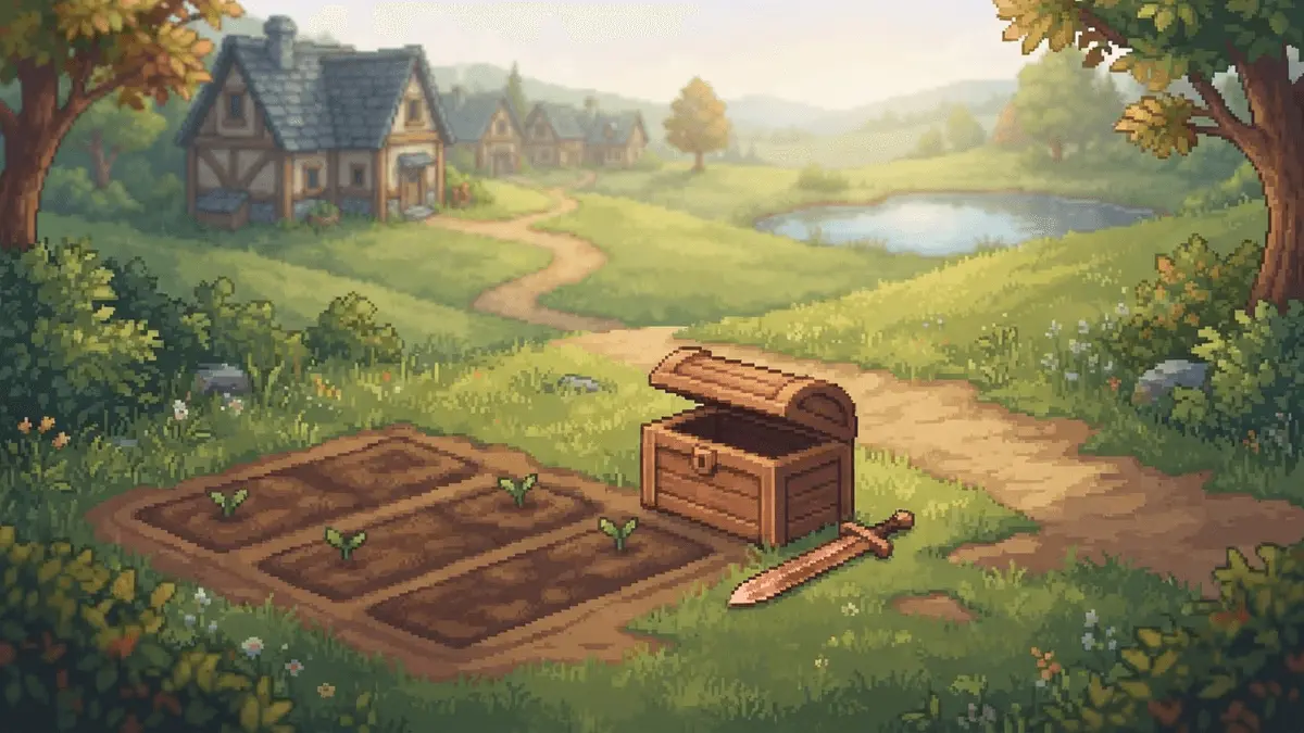 Cozy Fields of Mistria farm with a storage chest and copper sword at dawn