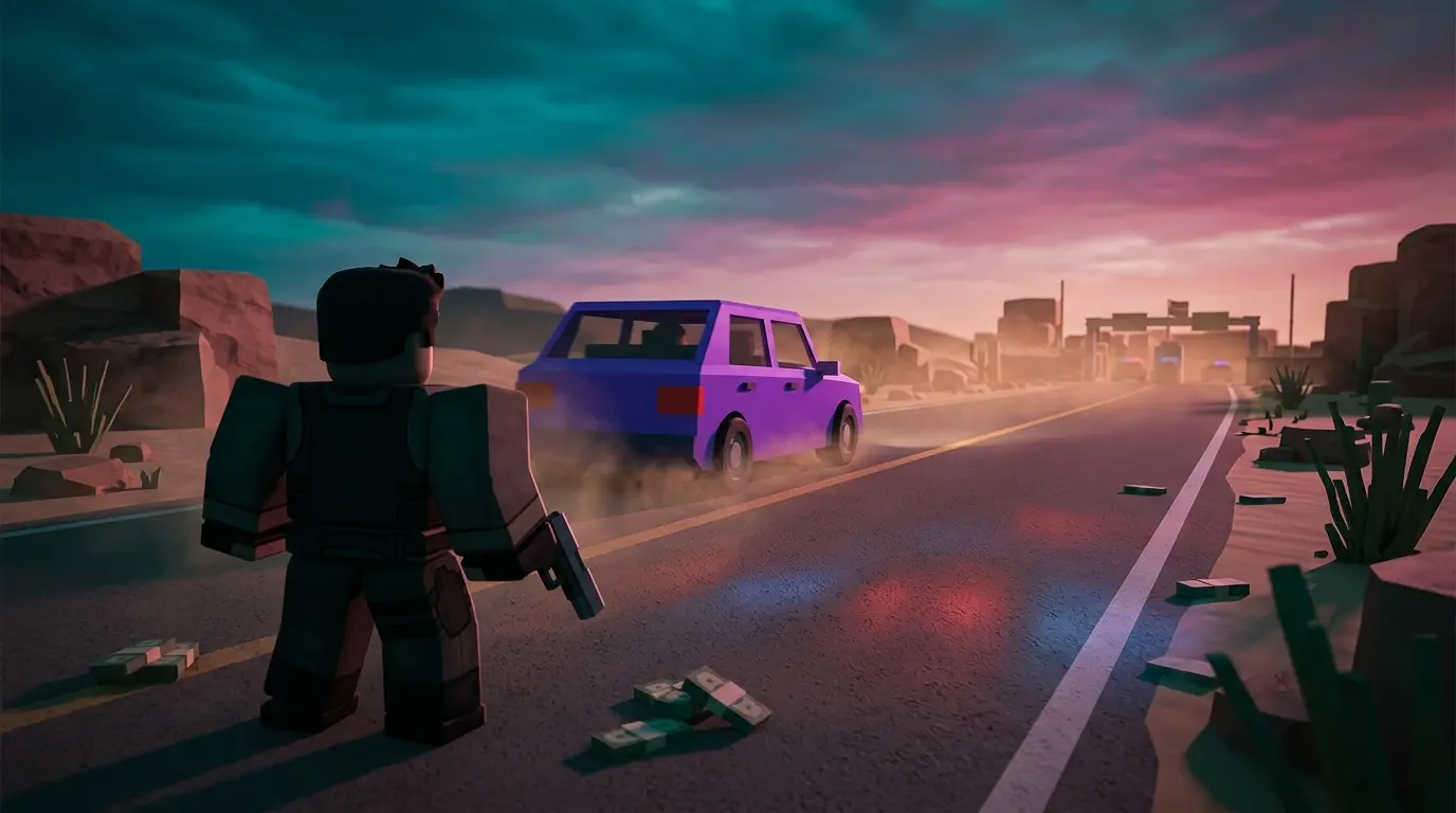 Roblox Runaways getaway car and pistol during a desert escape