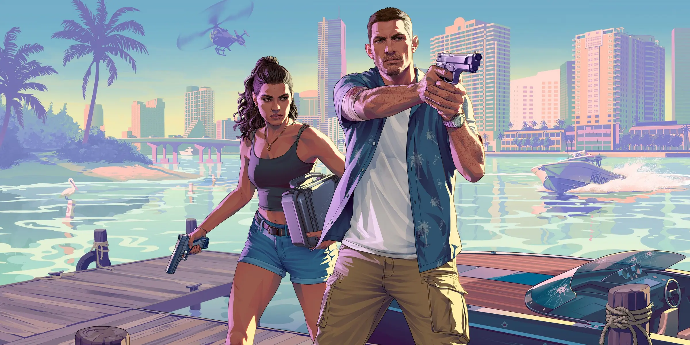 Digital art of a man and woman holding guns on a dock with a coastal city and police boat in the background