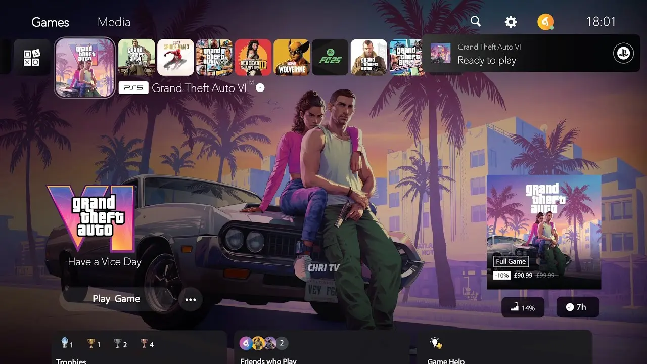 PS5 dashboard interface showing Grand Theft Auto VI as the selected game with promotional artwork