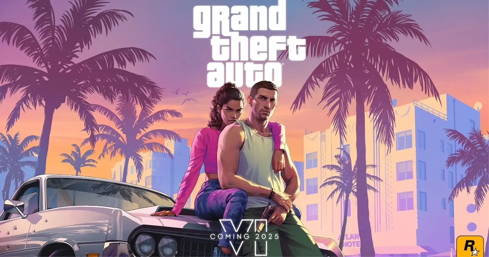 Fan art of Lucia and Jason from GTA VI leaning against a classic car in a neon-lit Vice City setting