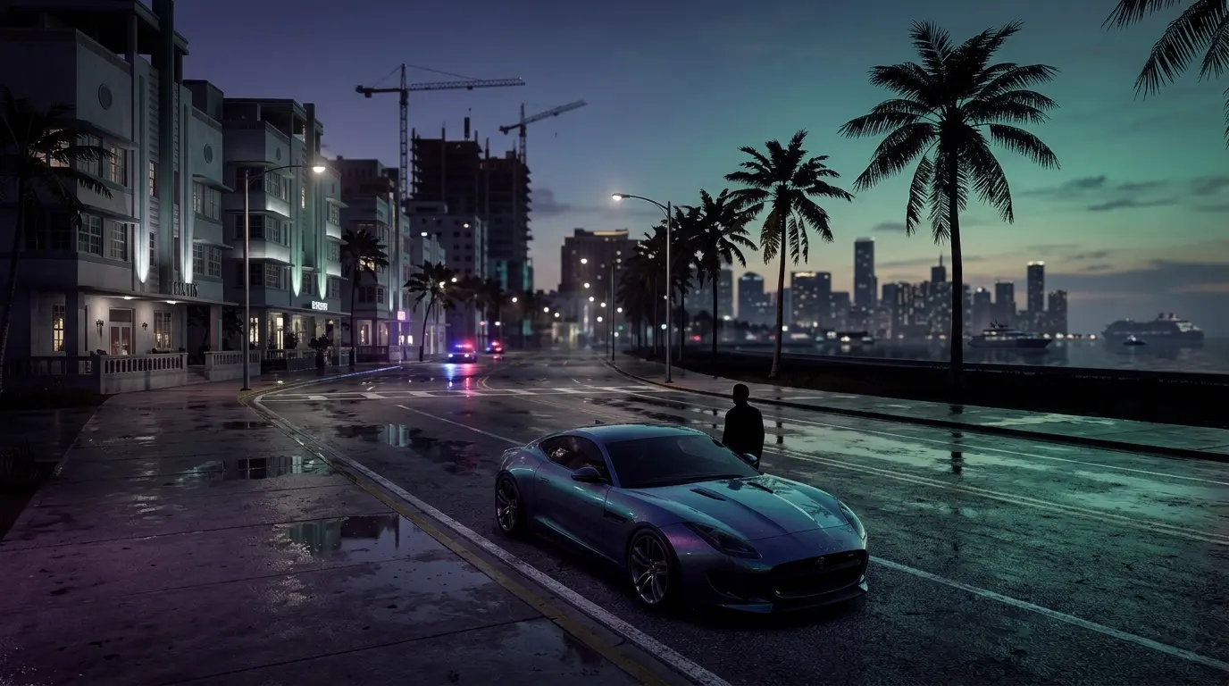 Cinematic Vice City scene representing GTA 6 remaining on schedule