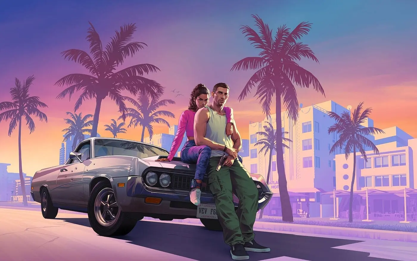 A man and woman leaning against a classic muscle car in a neon-lit coastal city with palm trees.