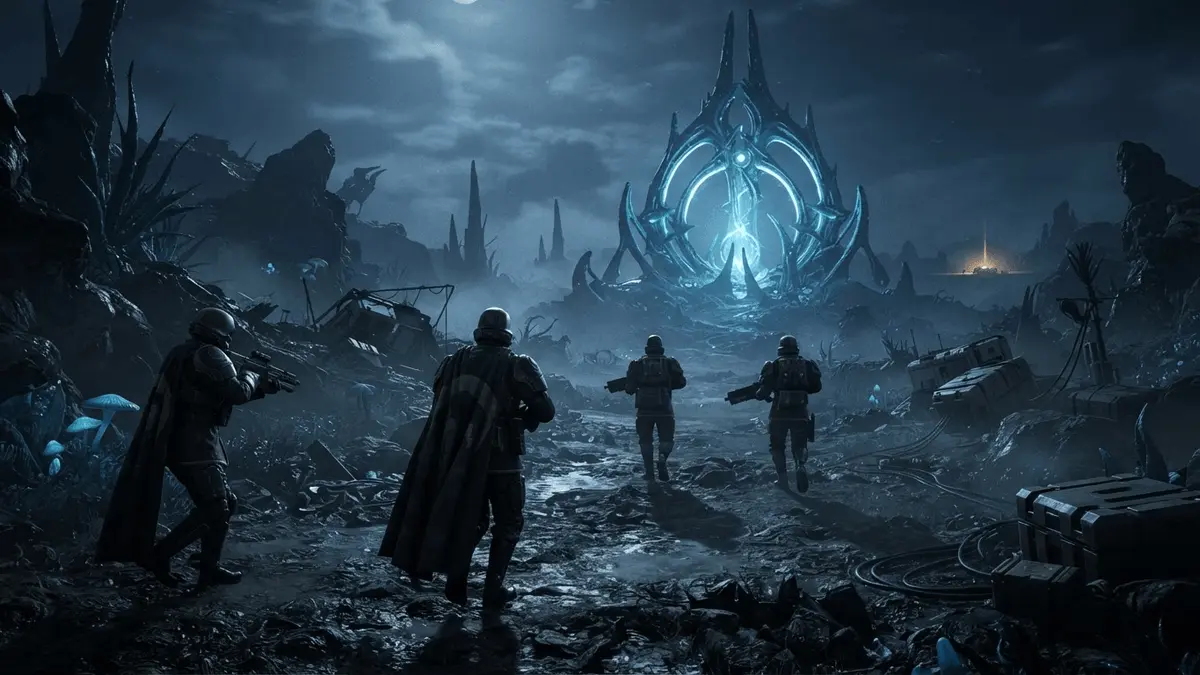 Helldivers squad approaching an Illuminate gateway during a tense Void mission