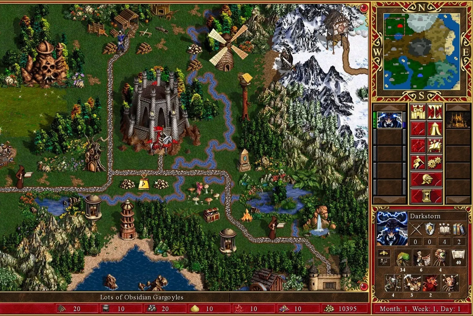 Gameplay screenshot of Heroes of Might and Magic III showing a fantasy map with a castle, windmill, and snowy mountains.
