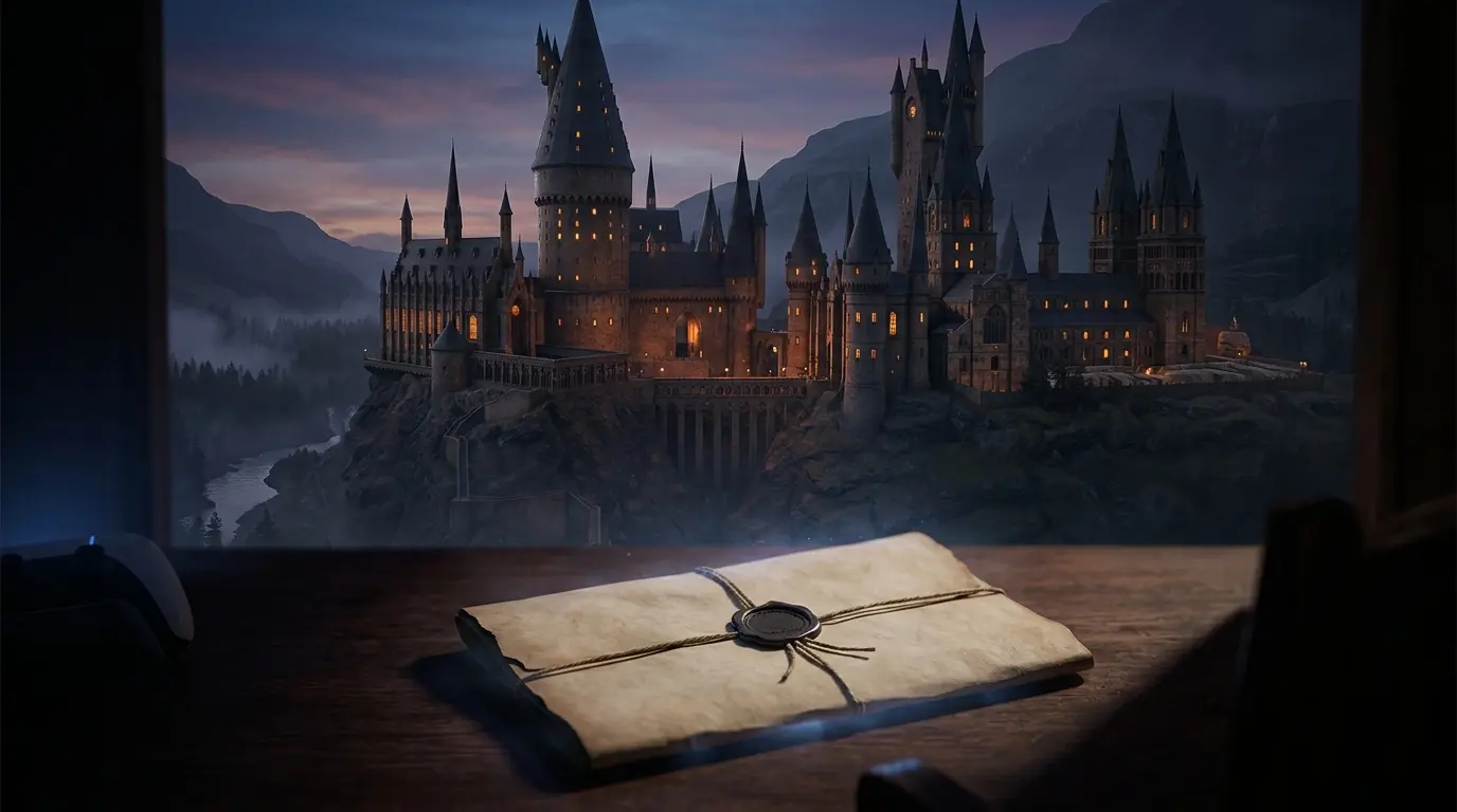 Atmospheric wizarding castle and blank official filing symbolizing the Hogwarts Legacy sequel confirmation