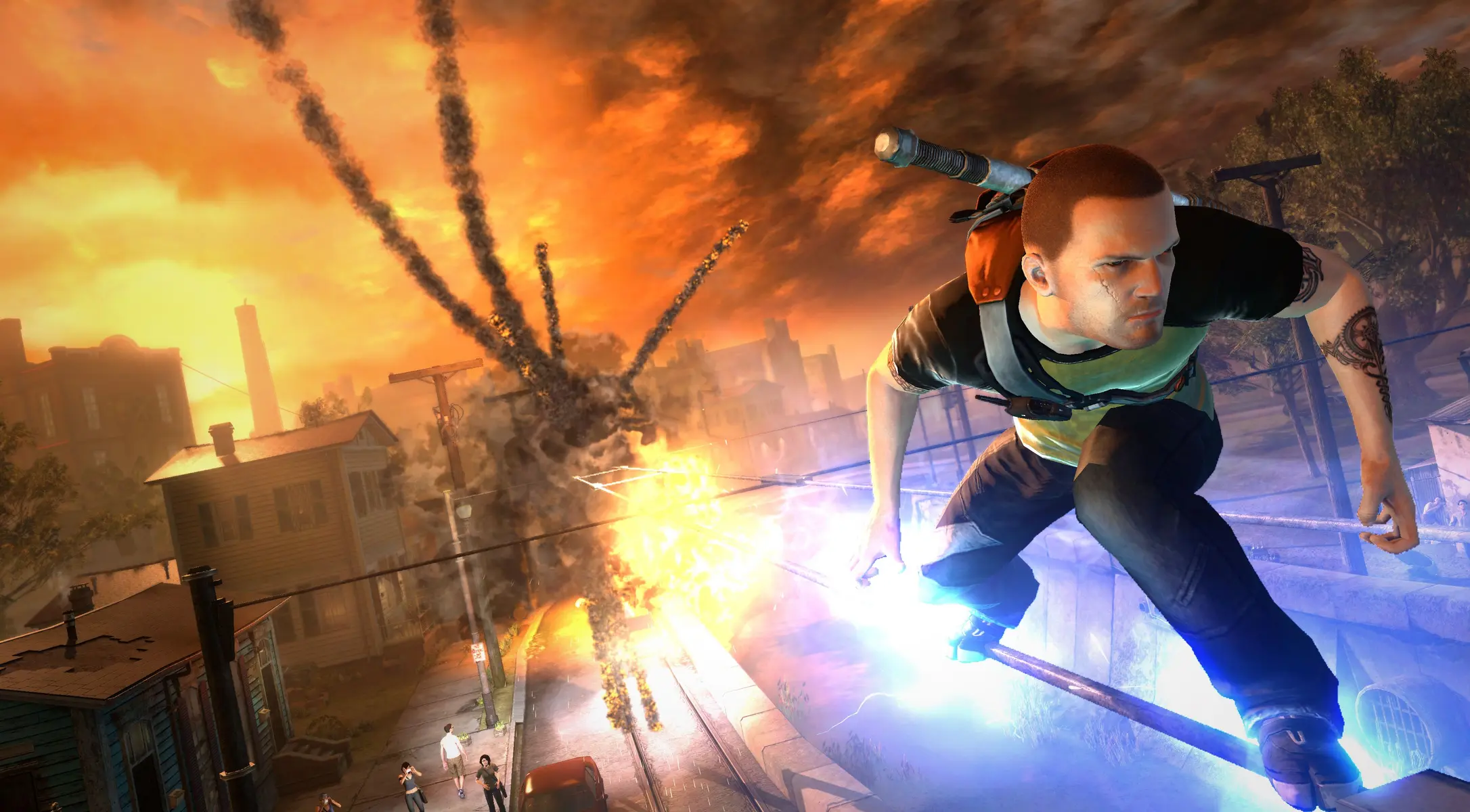 Cole MacGrath channeling electricity while grinding on power lines during a city explosion in inFAMOUS 2