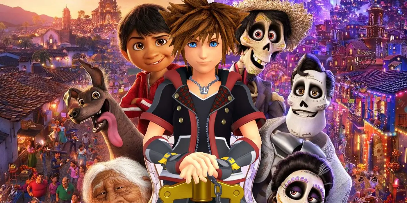 Crossover fan art featuring Sora from Kingdom Hearts alongside Miguel and characters from Disney Pixar's Coco.