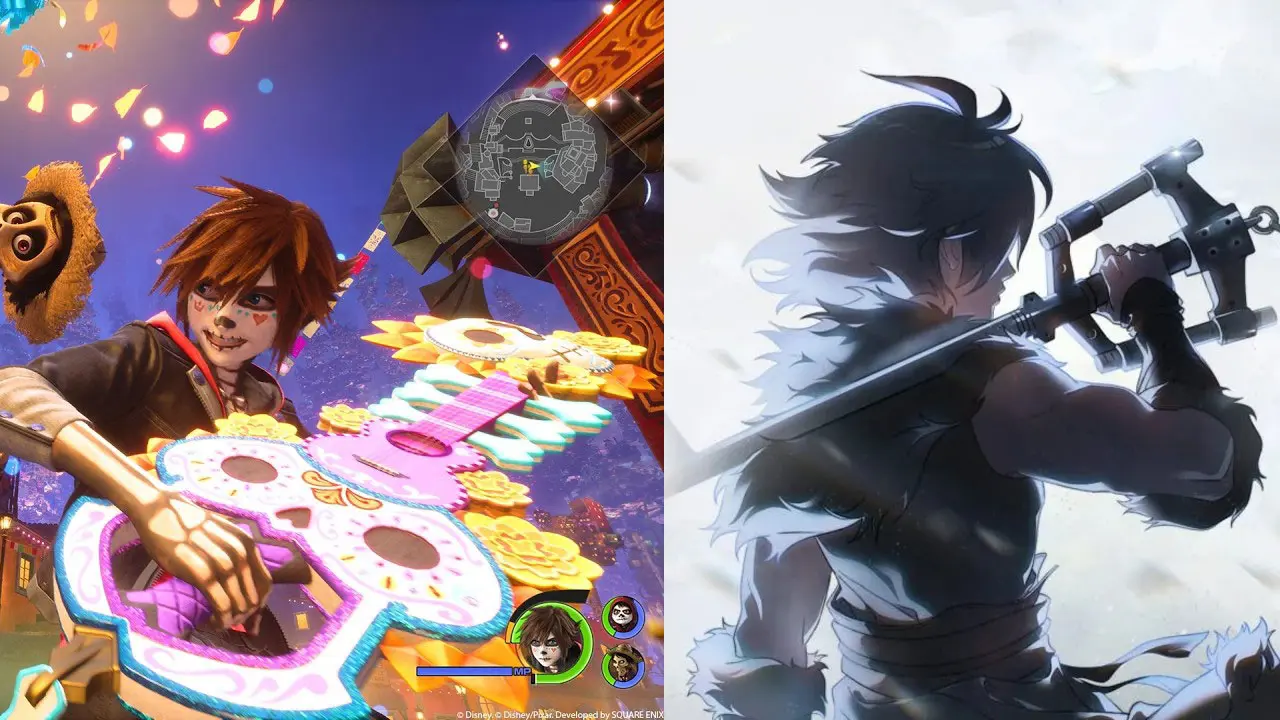 Sora with a colorful guitar-themed Keyblade in Kingdom Hearts III next to conceptual art of Sora.
