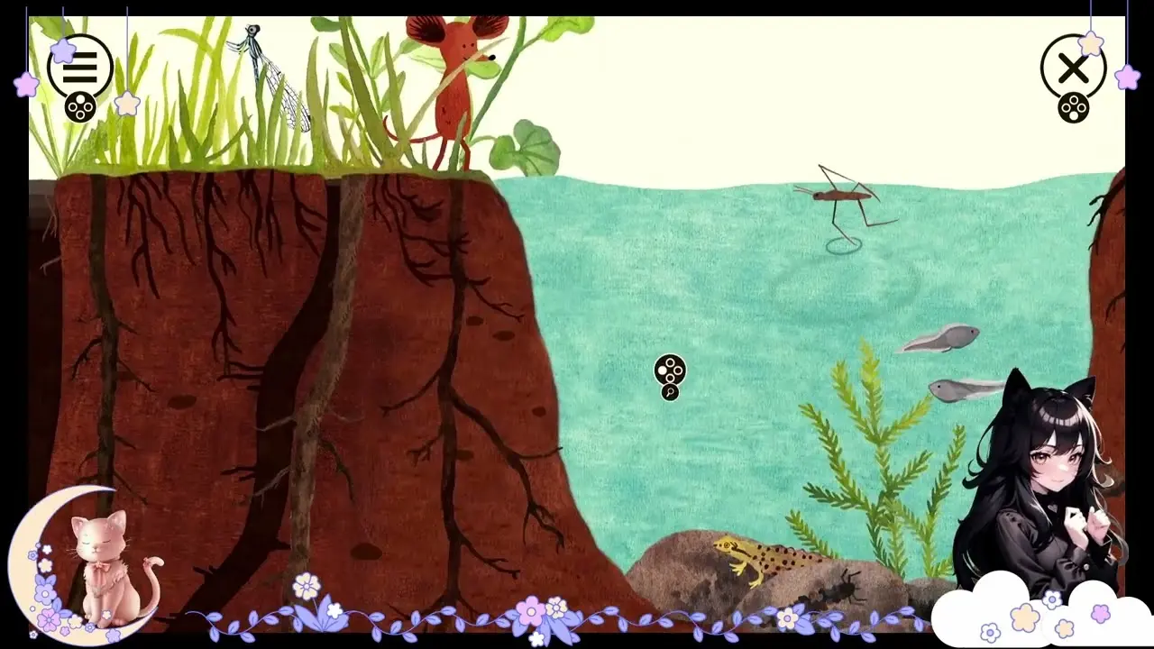 A stylized 2D game screenshot showing a cross-section of land and water with a small red mouse and various aquatic creatures.