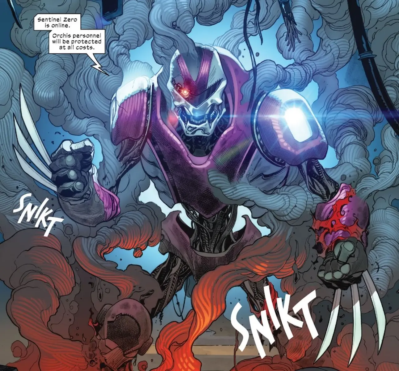 Comic book art of Sentinel Zero facing Wolverine's claws with 'SNIKT' sound effects
