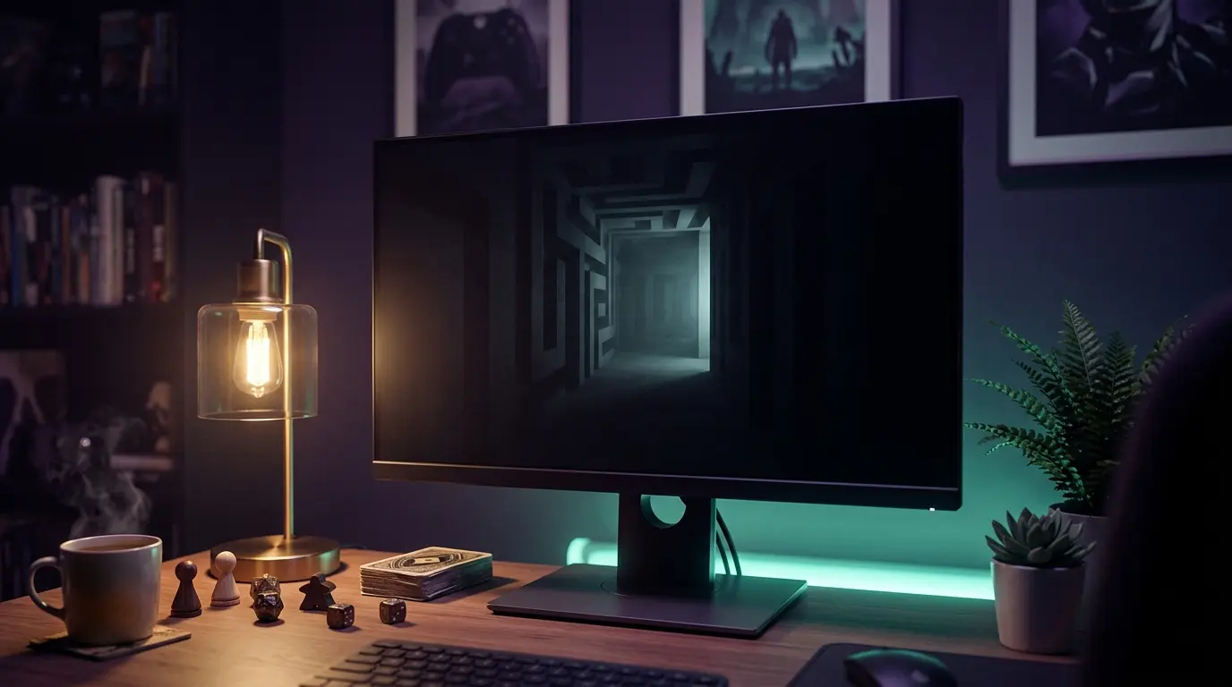 A dark gaming monitor and desk evoke free Steam games spanning horror, shooters, board games and cozy sims.