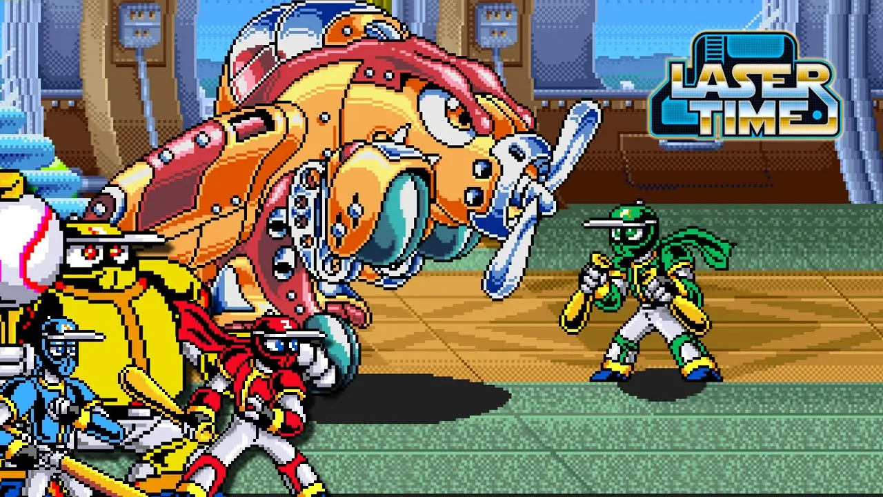Pixel art gameplay screen from Ninja Baseball Bat Man featuring a green ninja character facing a giant robotic boss.
