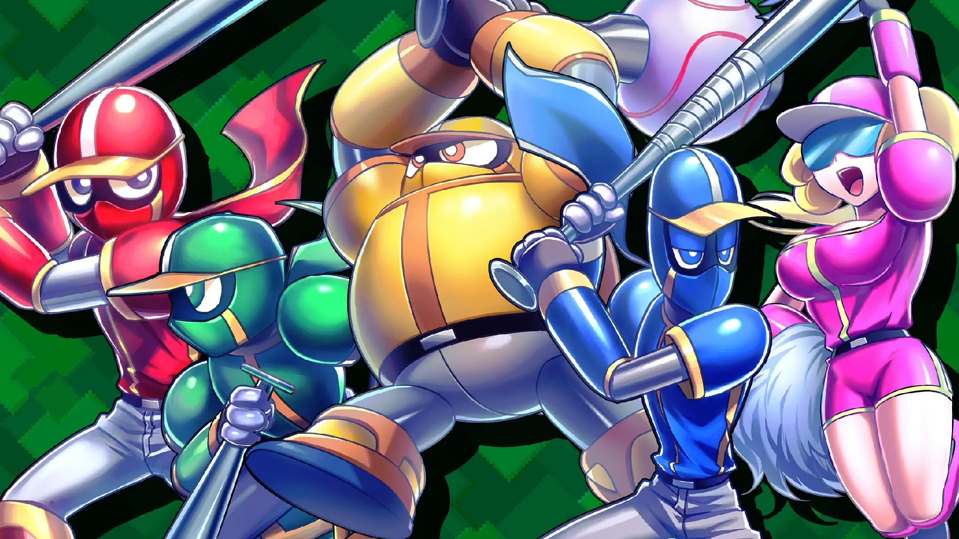 Group of stylized ninja baseball players in red, green, yellow, and blue uniforms with a cheerleader.