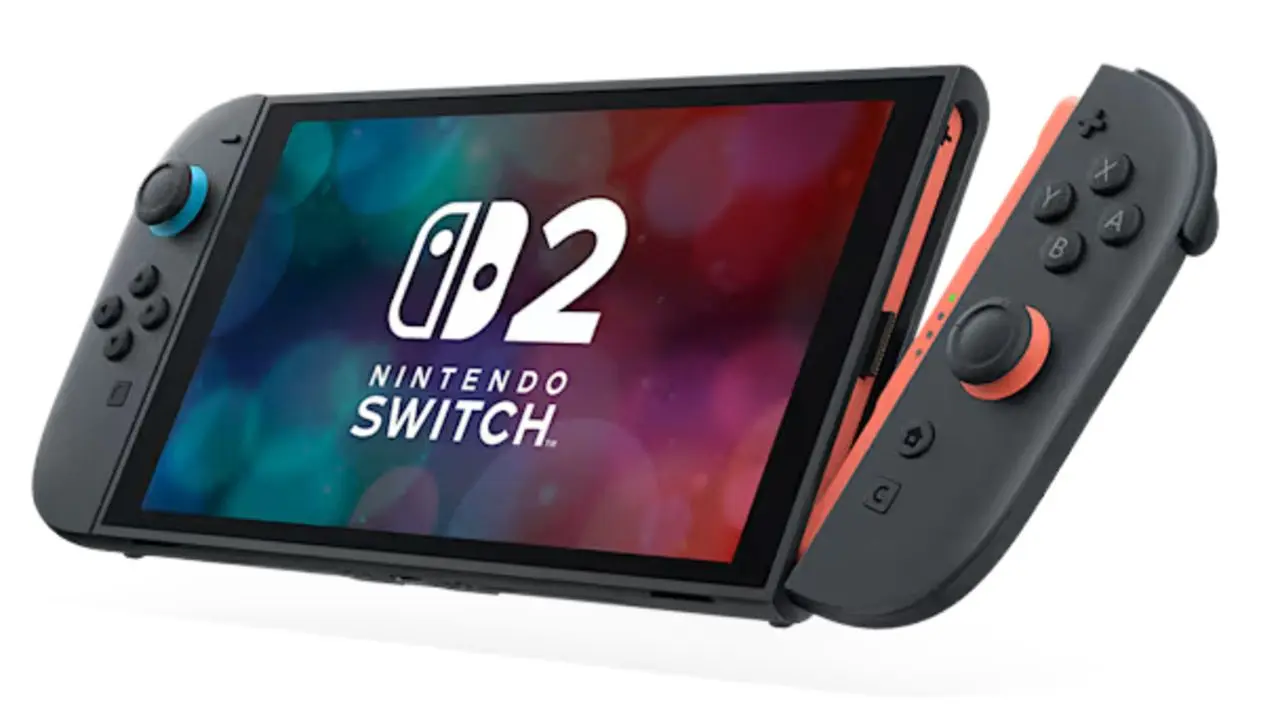 A conceptual render of a Nintendo Switch 2 console with a screen displaying the Nintendo Switch 2 logo