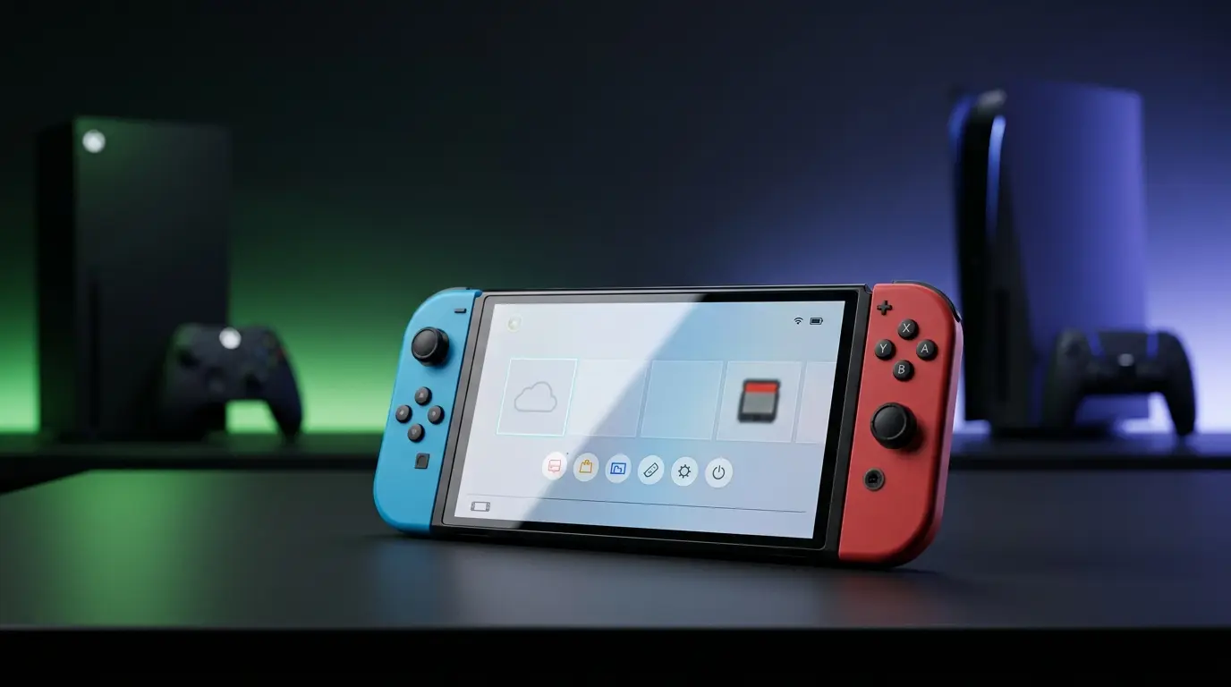 Nintendo Switch-style handheld beside abstract Xbox and PlayStation-inspired lighting representing subscription value and limits
