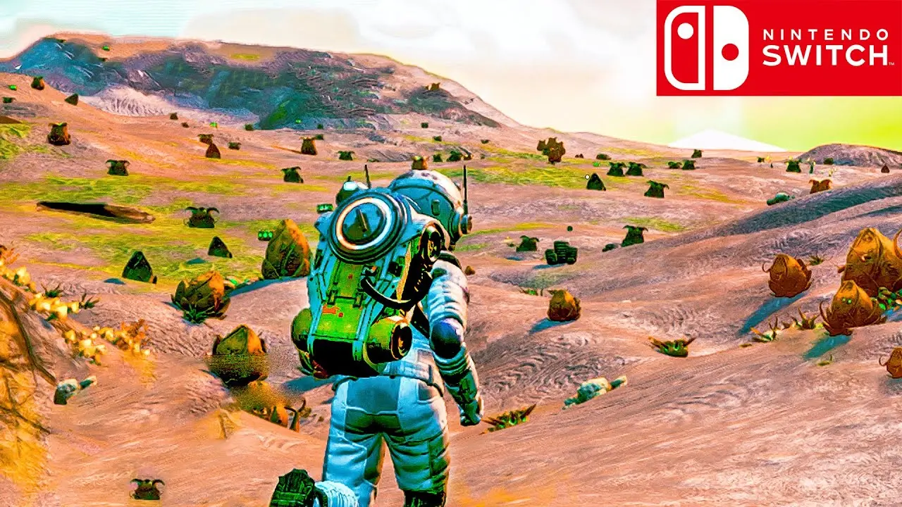 A No Man's Sky character in a white and green spacesuit standing on a colorful alien planet landscape